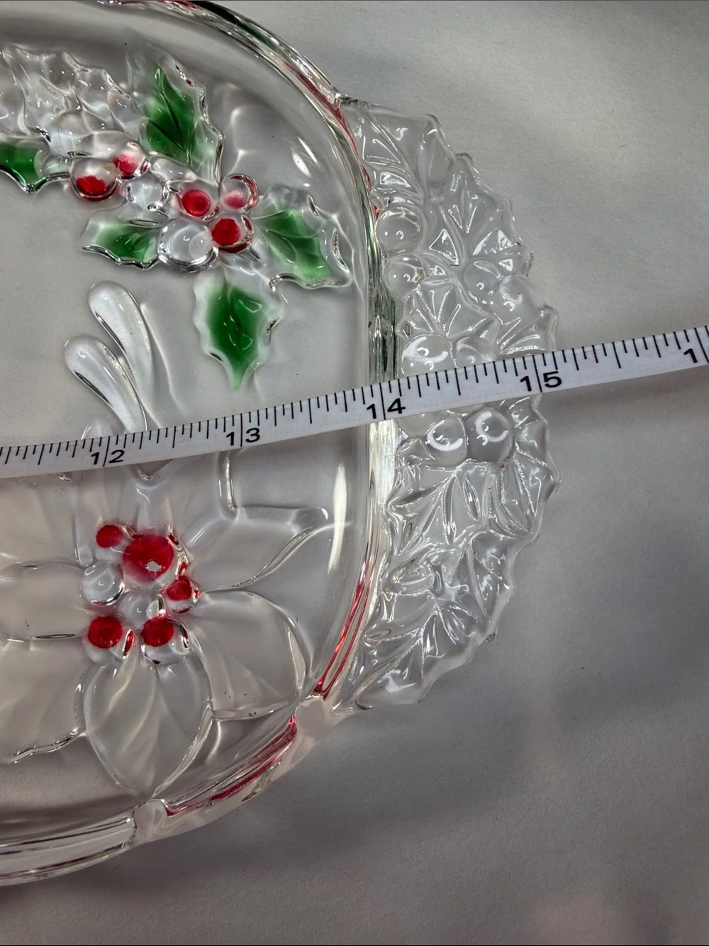 Clear Poinsettia Glass Serving Tray with Red and Green Accents - Picture 4 of 7